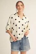 V Neck Collared Polka Dot Top, Color: Ivory, Size: L