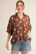 V Neck Collared Polka Dot Top