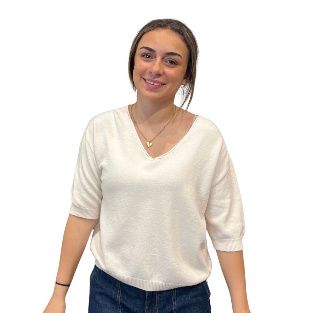 V Neck 3/4 Sleeve Knit, Color: Ivory, Size: M/L