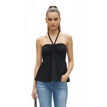Pom Pom Tube Halter Top, Color: Black, Size: L