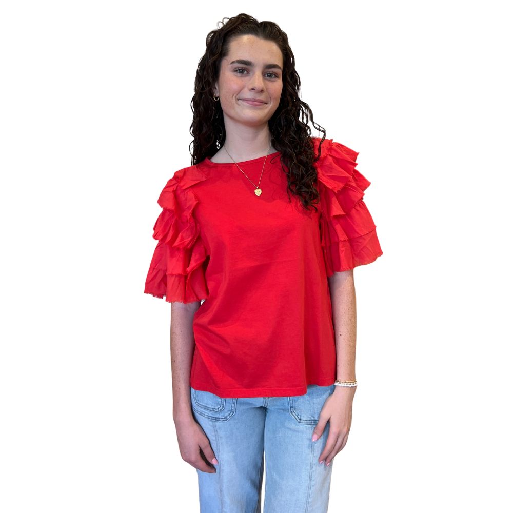 Ruffle Sleeve Tee, Color: Red, Size: L
