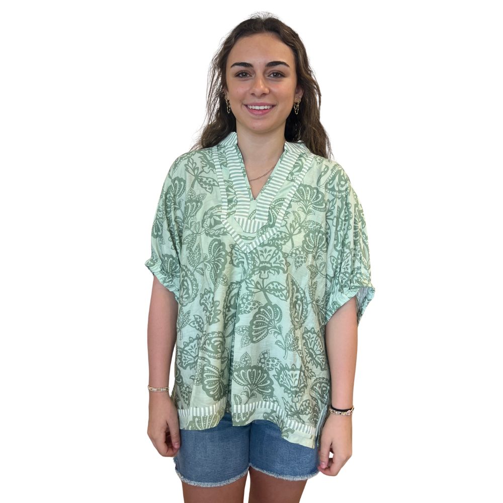 Botanical Print Contrast Trim Top