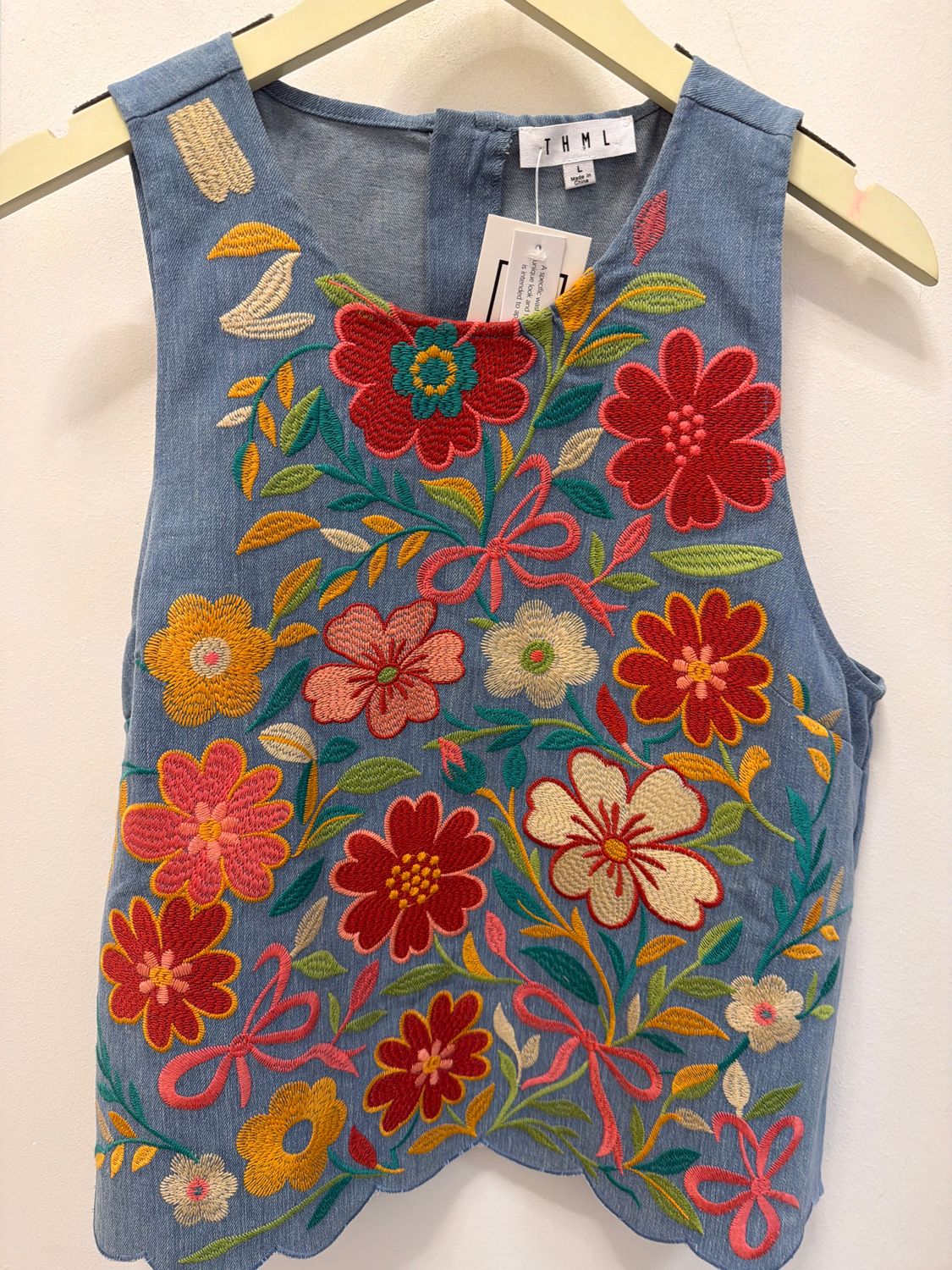 Denim Embroidered Top, Color: Lt Blue, Size: L