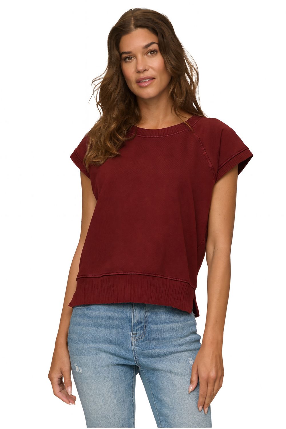 Hana Dolman Washed Tee, Color: Burgundy, Size: XL