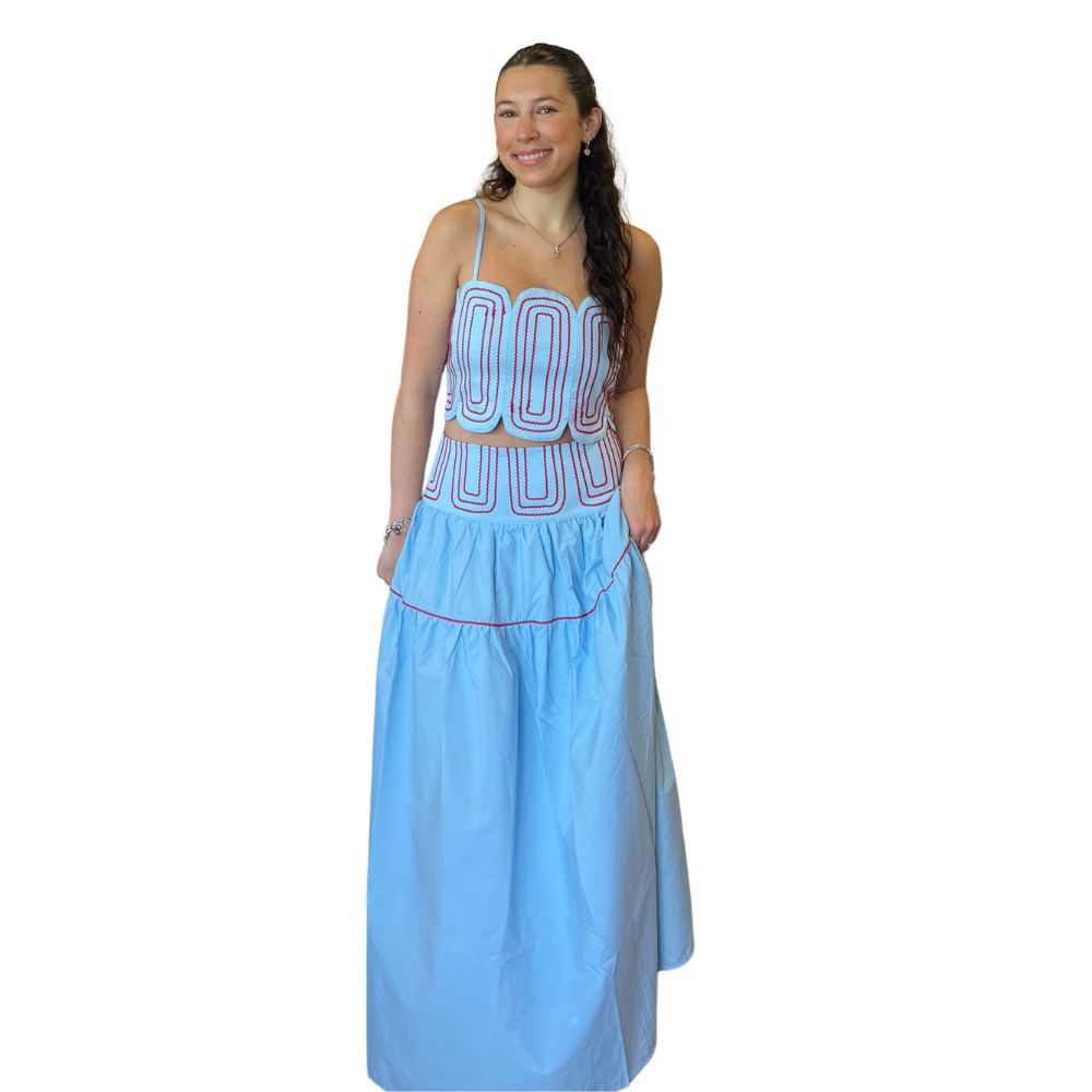 Lace Trim Top &amp; Skirt SET, Color: Lt. Blue/Red, Size: L