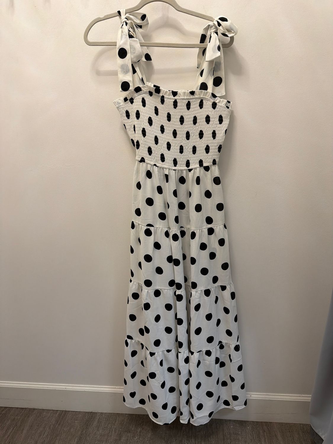 Polka Dot Tiered Midi Dress, Color: White/Black, Size: L