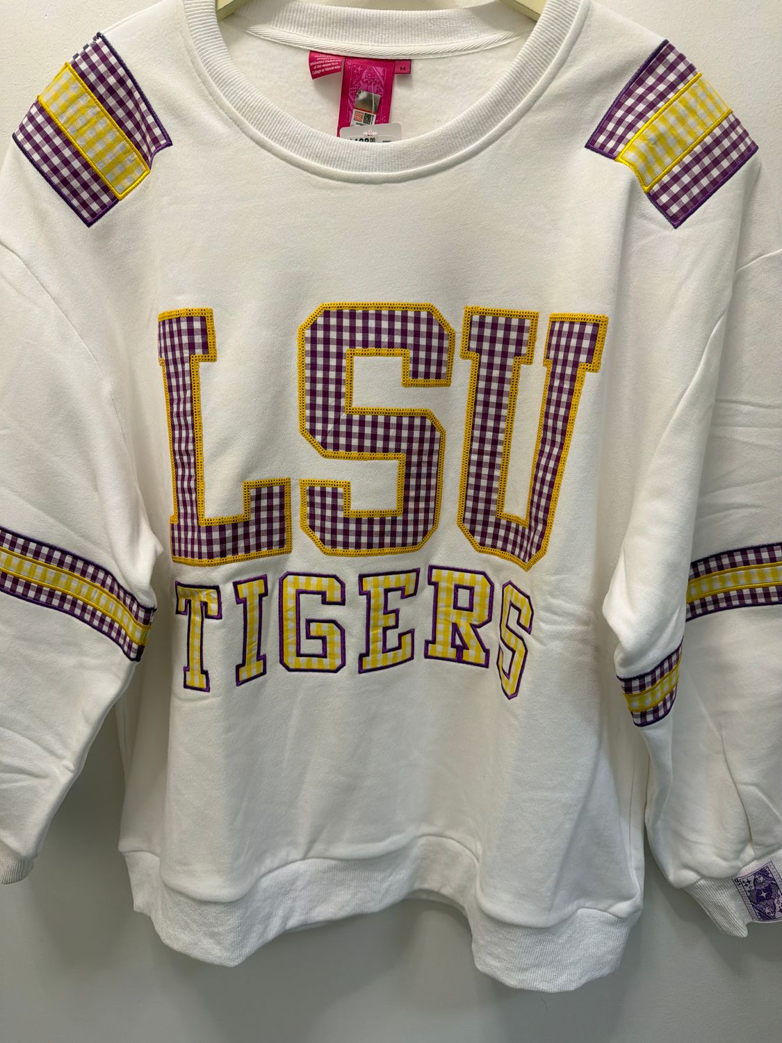 LSU Gingham Jersey Sweatshirt, Color: White, Size: M