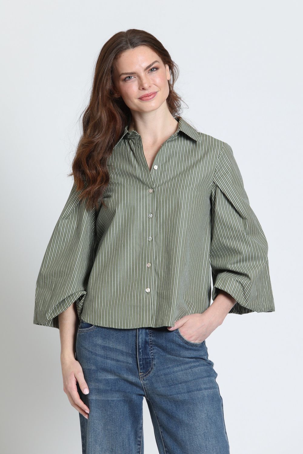 Striped Blouson Front Button Top