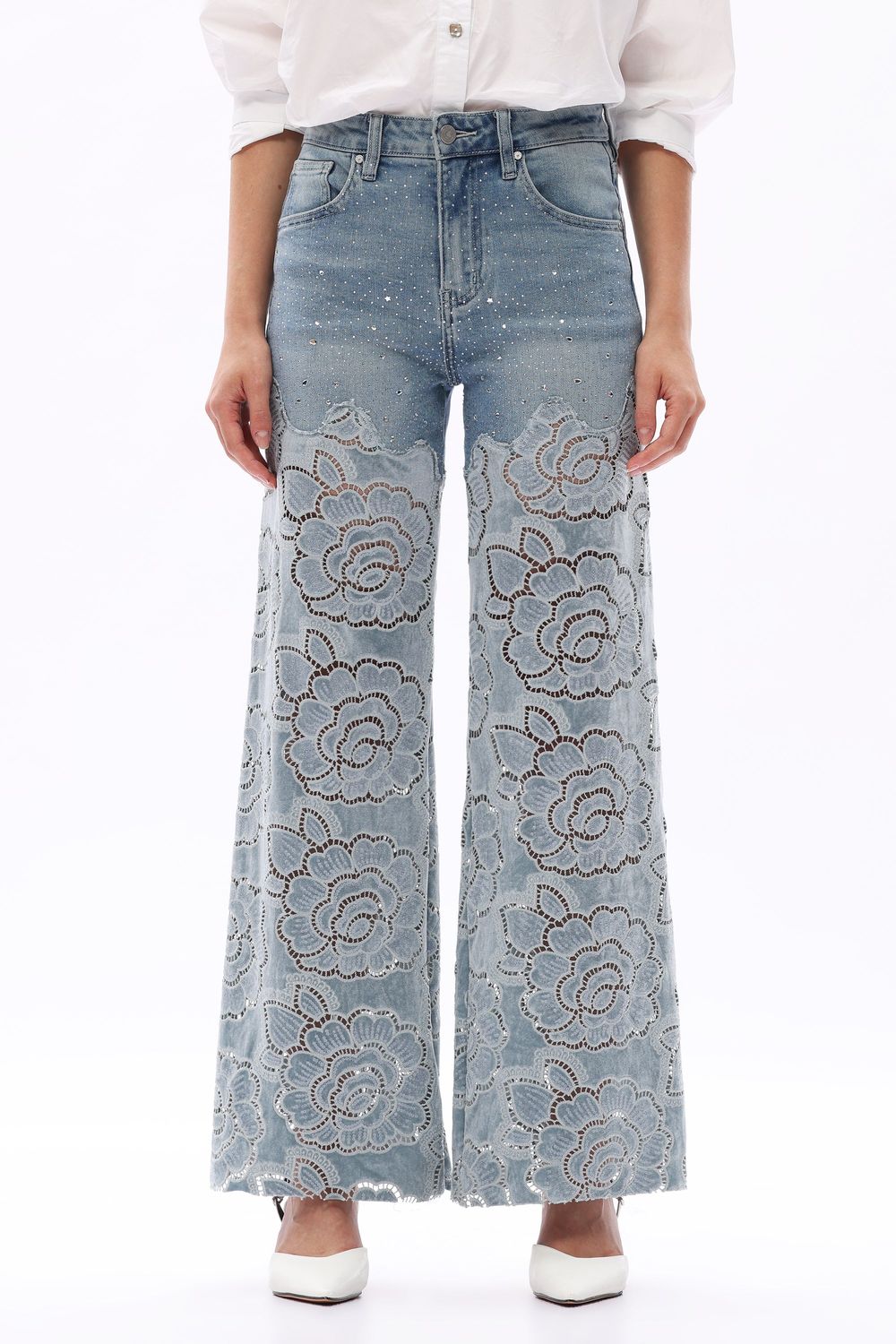 High Rise Floral Cutout Wide Leg
