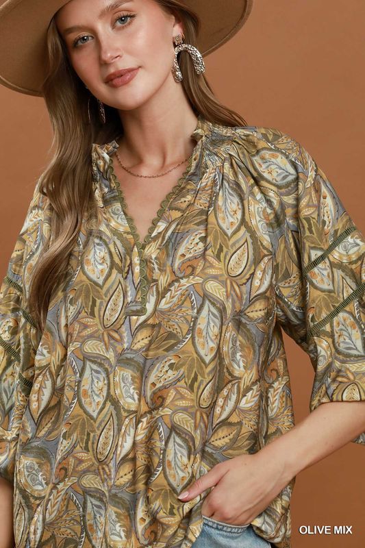 V Neck Smocked Collar Top