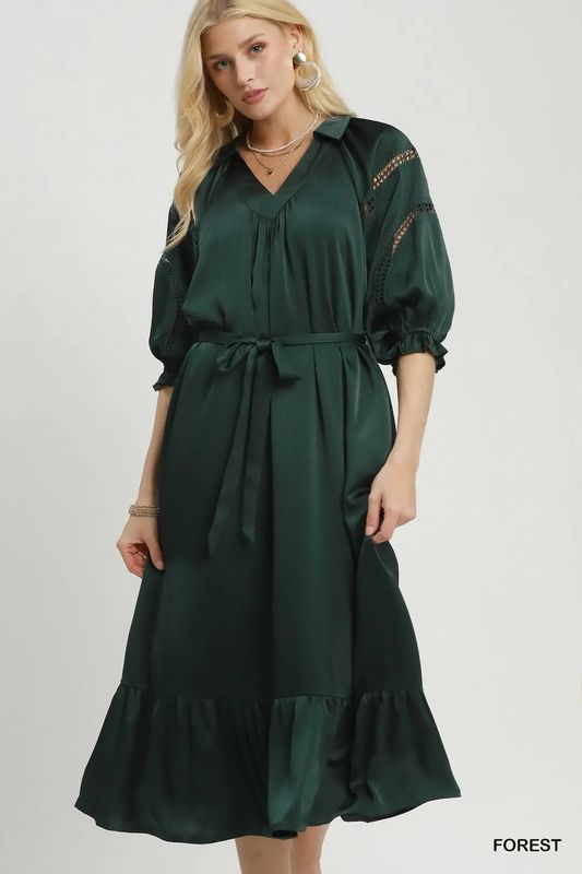 Satin Lace Sleeve Tie Waist Midi Dress