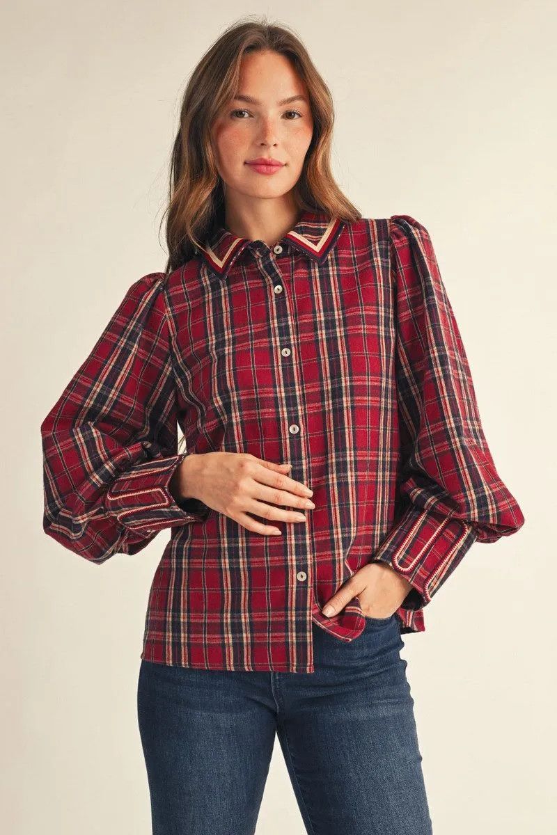 Long Puff Sleeve Plaid Top