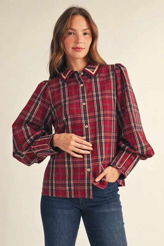 Long Puff Sleeve Plaid Top