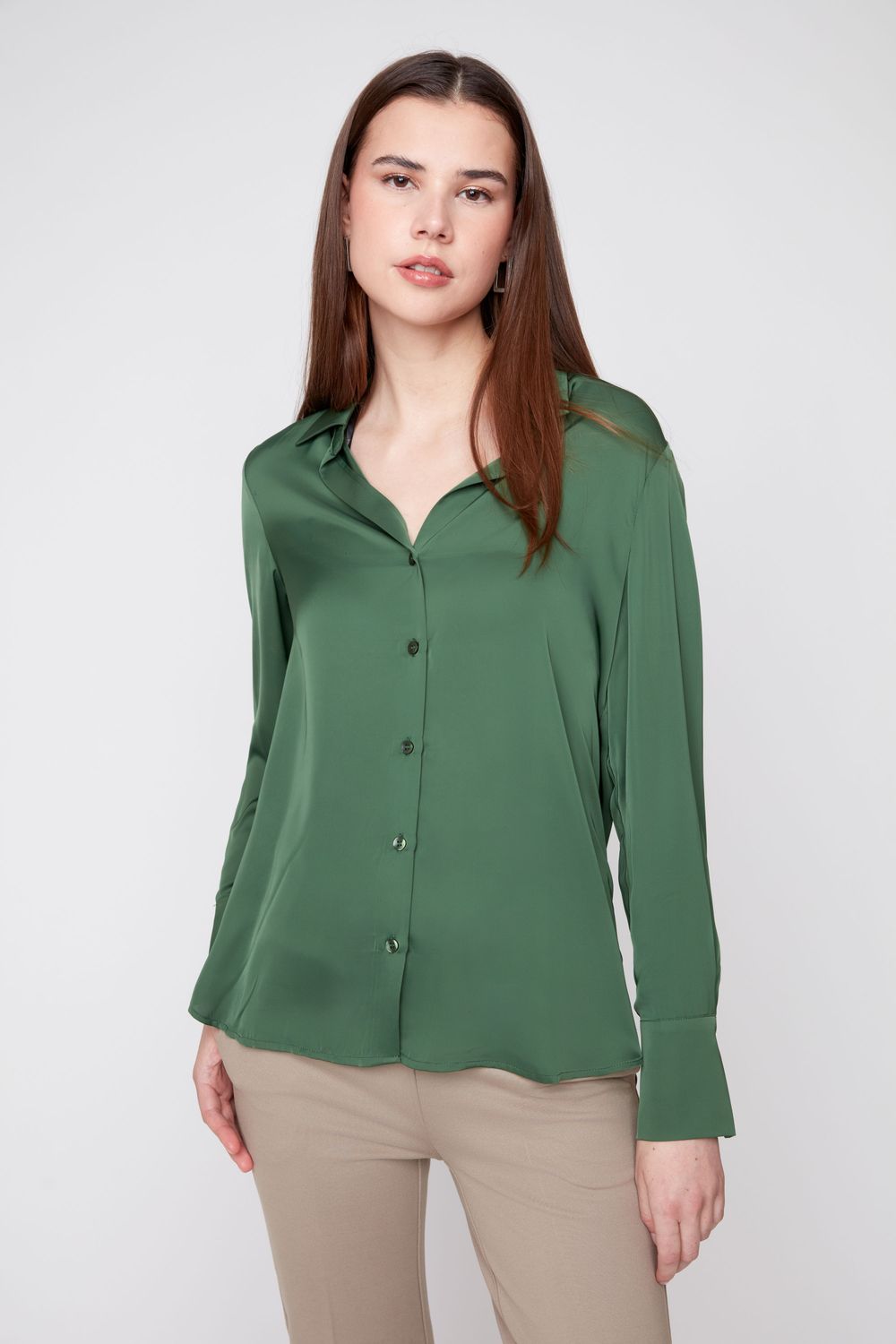 L/S Solid Button Front Blouse