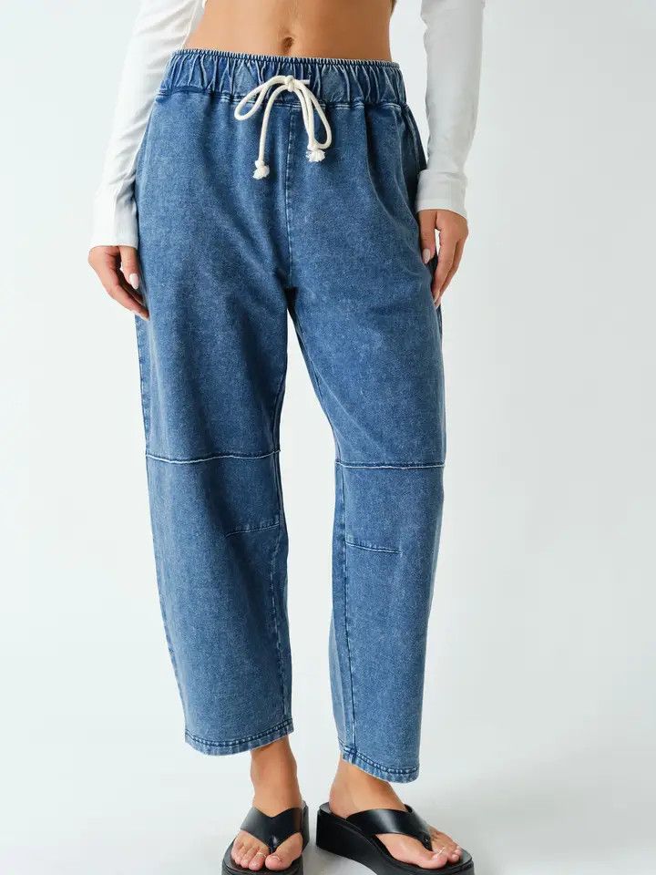 Mineral Wash Cropped Straight Leg Pants, Color: Blue, Size: L