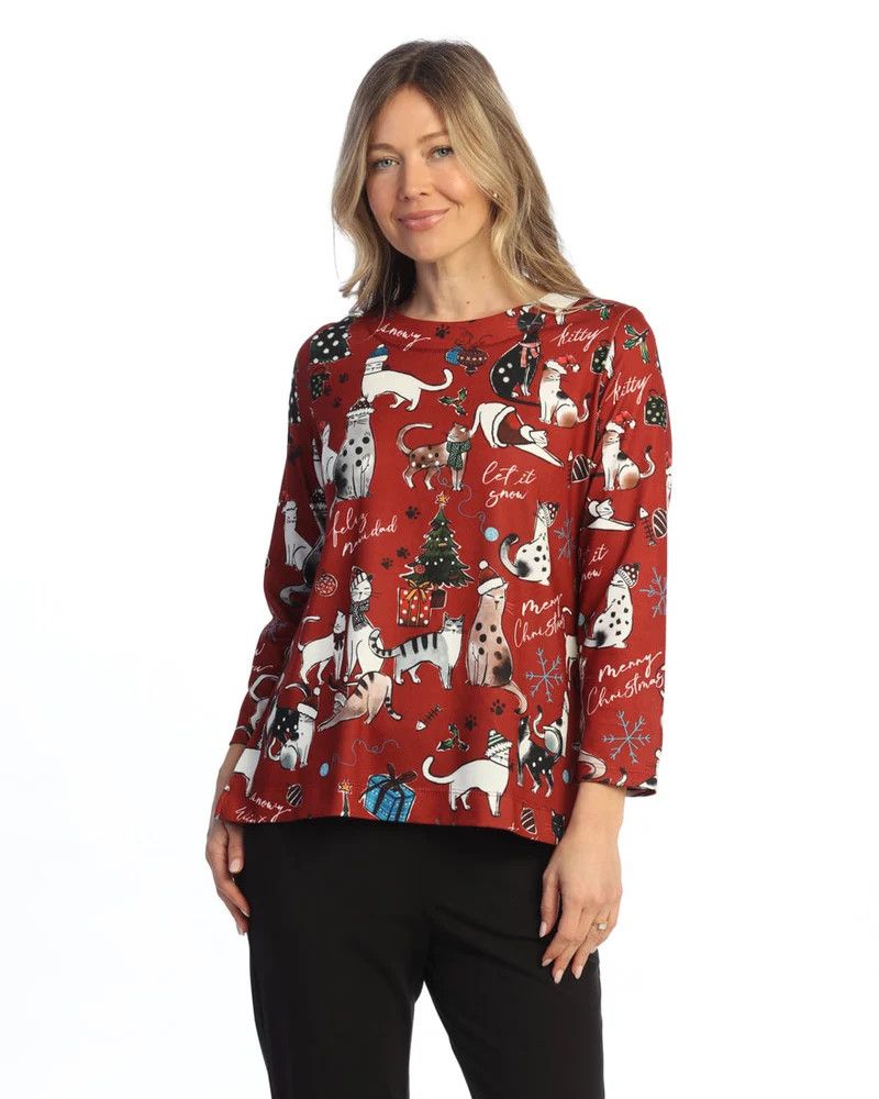 Brushed Hacci Tunic Top, Color: Meow Christmas, Size: XL