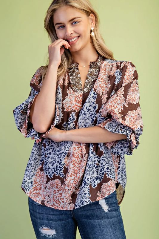 Printed Ruffle V Neck Top