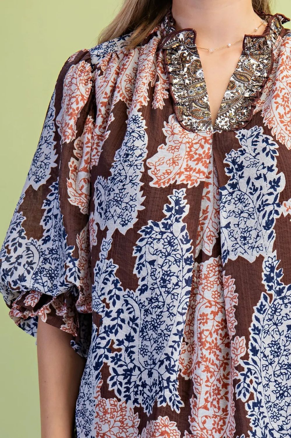 Printed Ruffle V Neck Top, Color: Brown Mix, Size: L