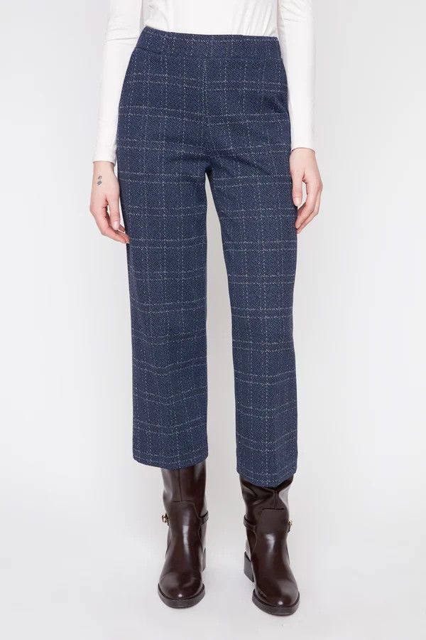 Check Cropped Pull-On Pants