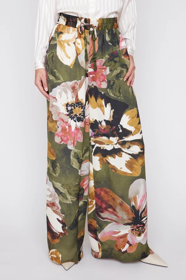Peony Print Wide Leg Pants