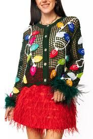 QOS Crochet Multi Christmas Lights Feather Sleeve Top