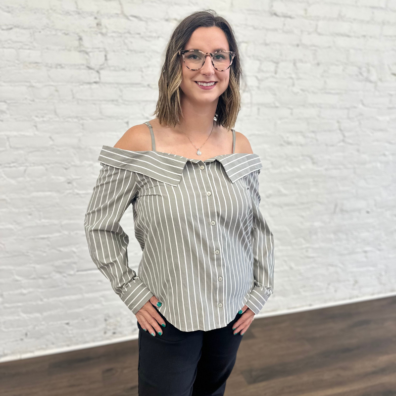 Elan | Striped Off The Shoulder Top Grey