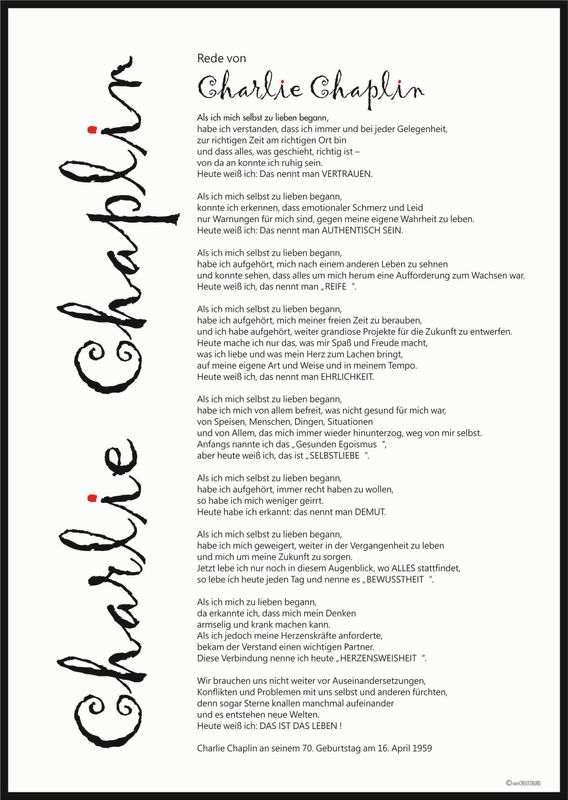 POSTER Rede von Charly Chaplin zu seinem 70. Geburtstag. A4 POSTER Rede von Charly Chaplin zu seinem 70. Geburtstag. A4