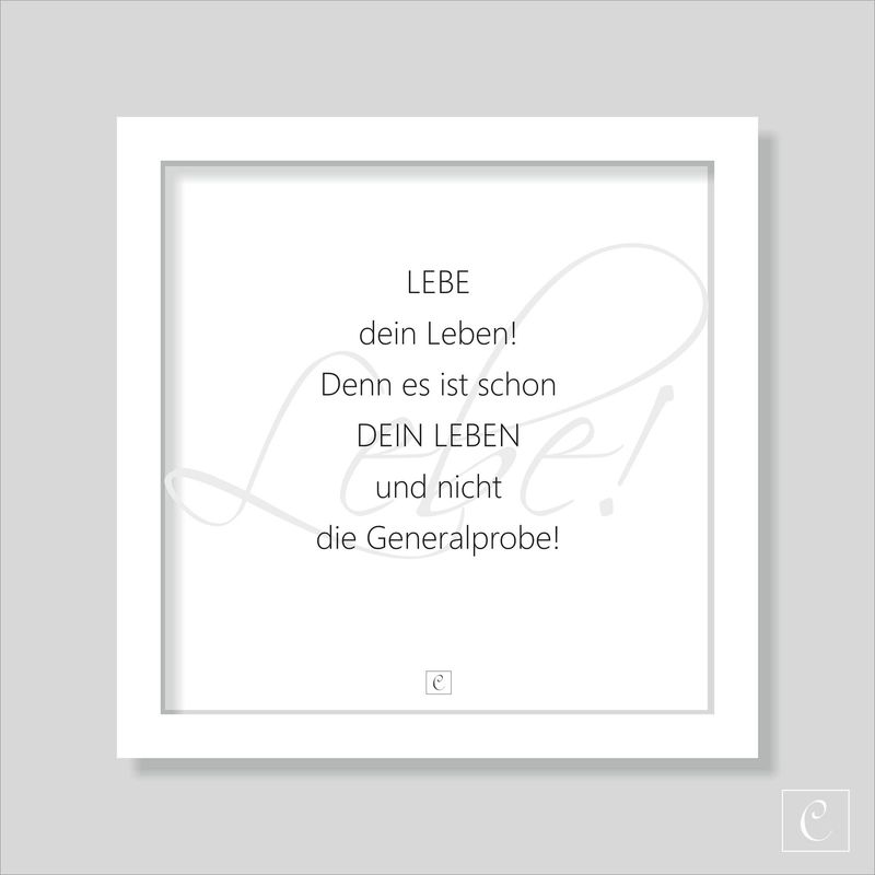 Lebe dein Leben! Denn es ist schon dein Leben .... Lebe dein Leben! Denn es ist schon dein Leben ...." in weißem Holzrahmen 20 x 20 Botschaft