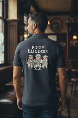 Man in bar facing away from us showing the back of his Polo Shirt with Piggy Blinders design on it