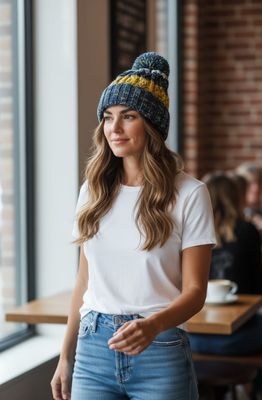 Woman wearing woolly bobble hat made by Baaad Flockers