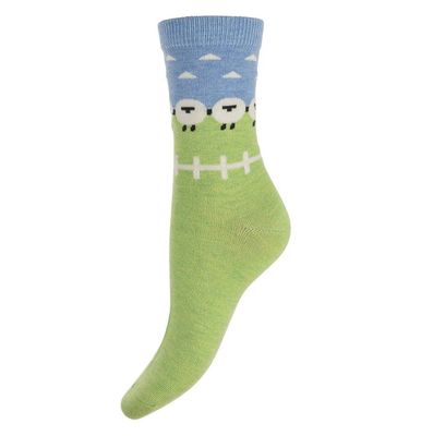 Image of foot wearing a sock with sheep on it