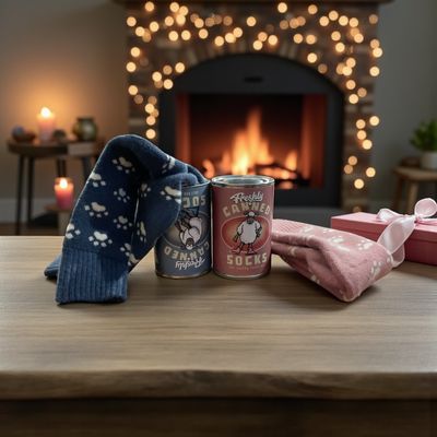 Image of fireplace in the background with a can of socks and their sock contents laid out on the table