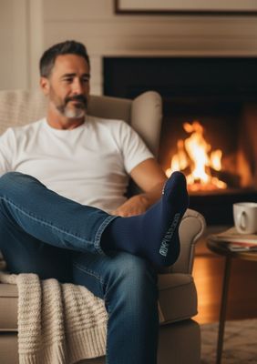 Man sitting by fireplace with legs crossed wearing socks