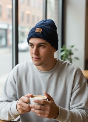 Man wearing Baaad Flockers beanie hat in cafe holding cup of coffee