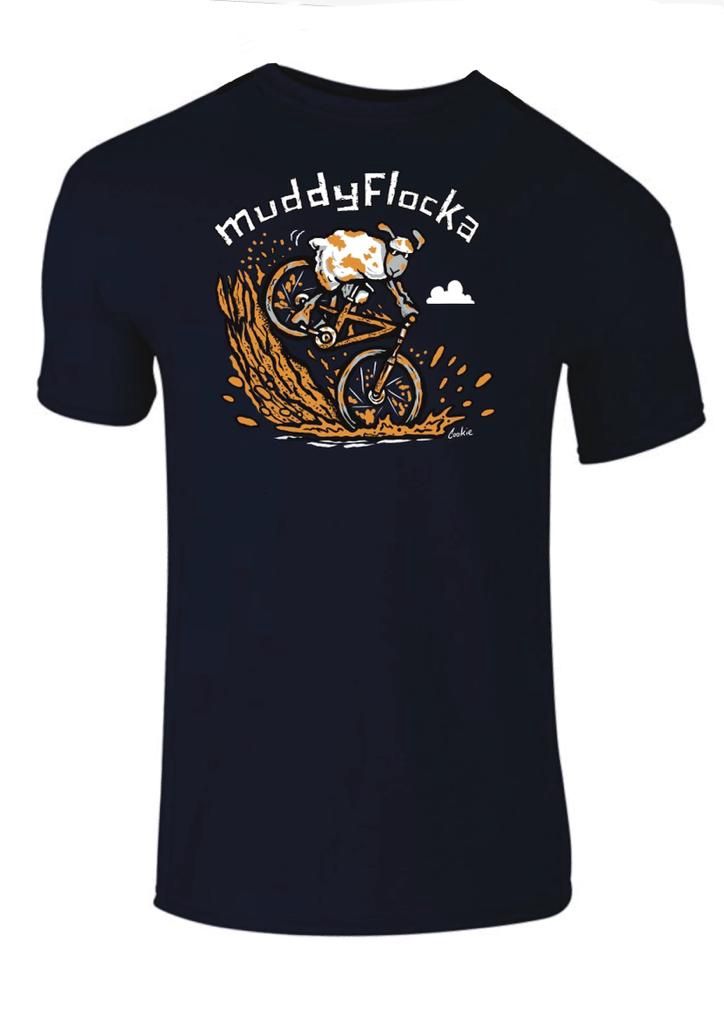 Muddy Flocka | Funny T-Shirt | Baaad Flocker, Colour: Navy, Size: XS