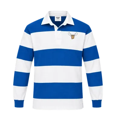 Mad Moose® Stripey Rugby Shirt | Front Moose &amp; Embroidered Back Logo, Colour: White Royal, Size: S