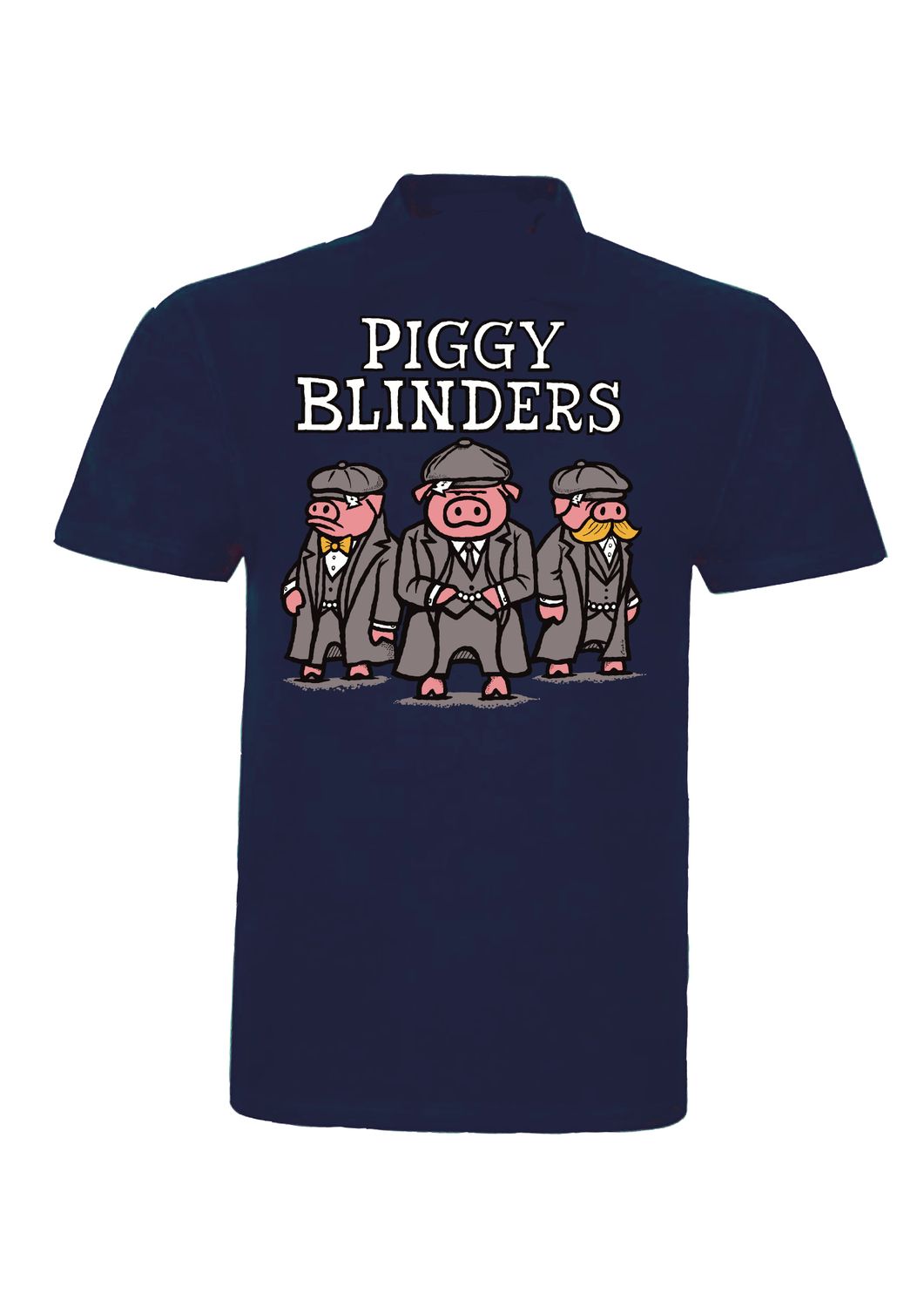 Piggy Blinders Polo Shirt | Funny Pig &amp; British Humour Polo | Baaad Flockers®, Colour: Navy Blue, Size: XS