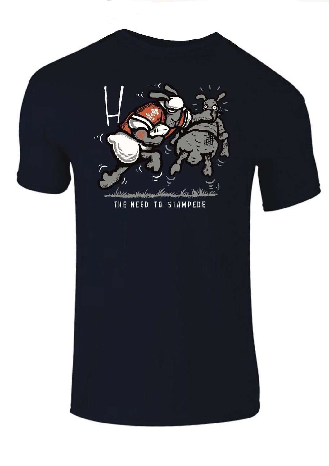 Stampede - Wales - Rugby | Funny T-Shirt | Baaad Flockers, Colour: Navy, Size: XS