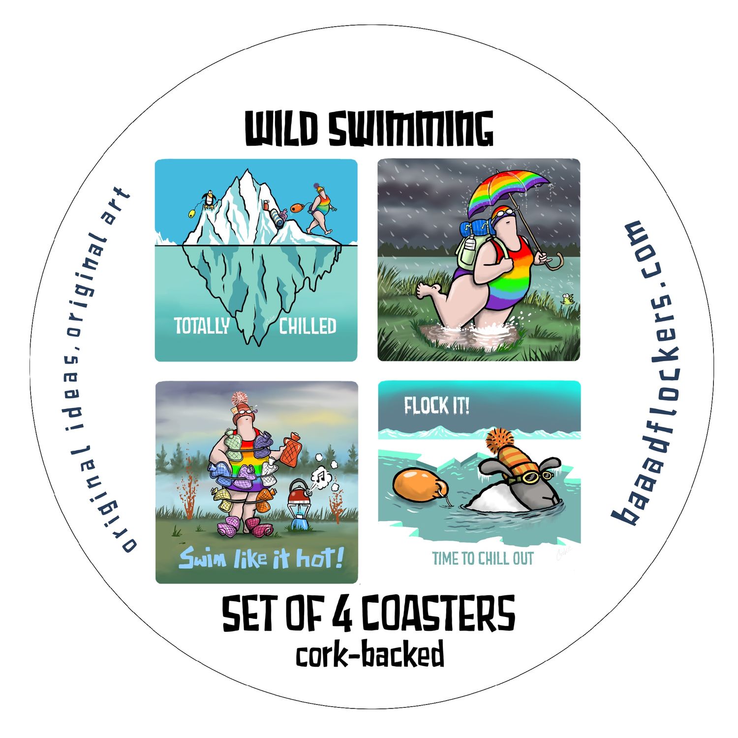 Kimmer Wild Swimmer Coaster Set | Pack of 4 Wild Swimming Coasters, Design: Kimmer, Gift pack: 4 coasters