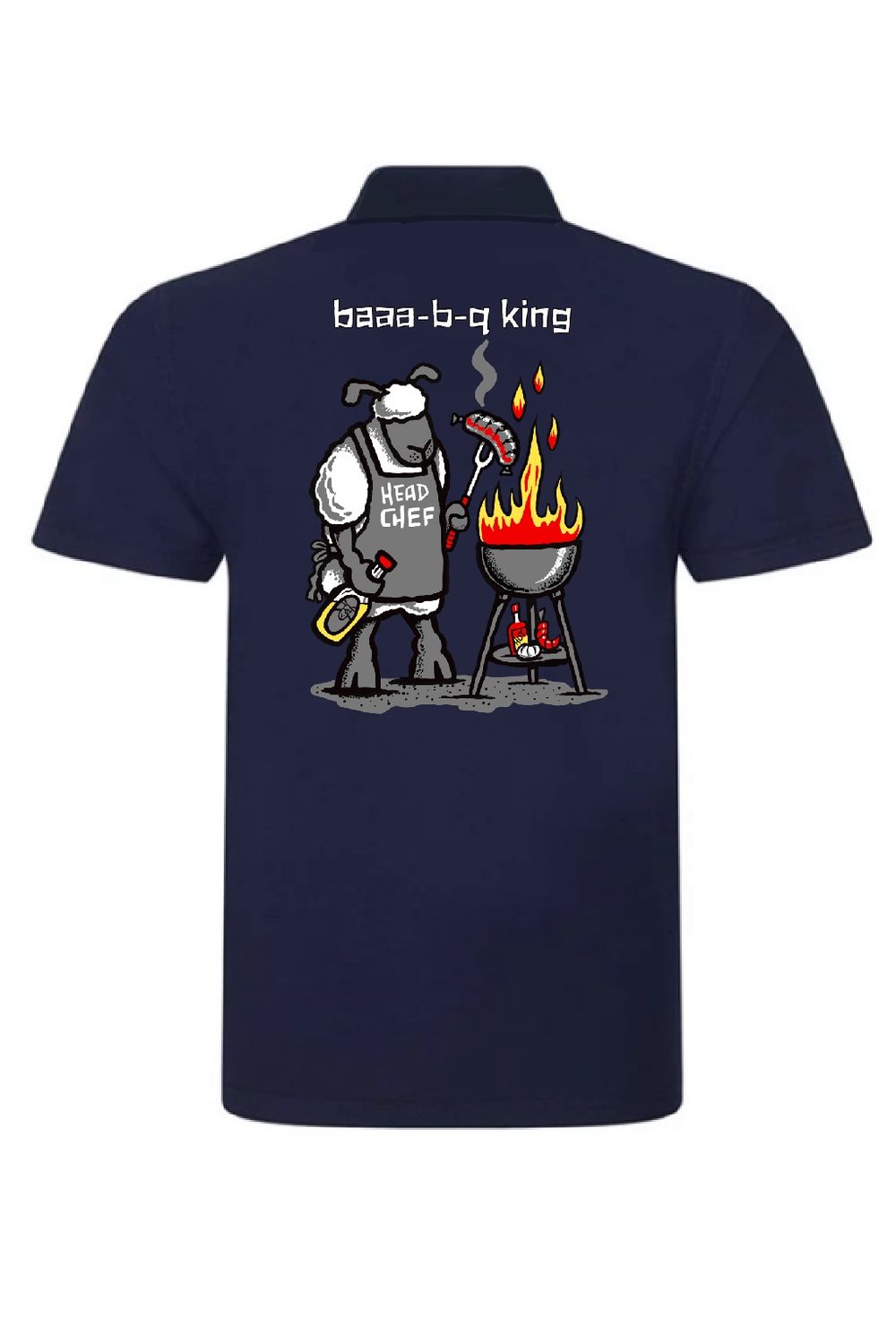 Baaa-B-Q King Polo Shirt | Funny BBQ &amp; Grill Master Polo | Baaad Flockers®, Colour: Navy Blue, Size: XS