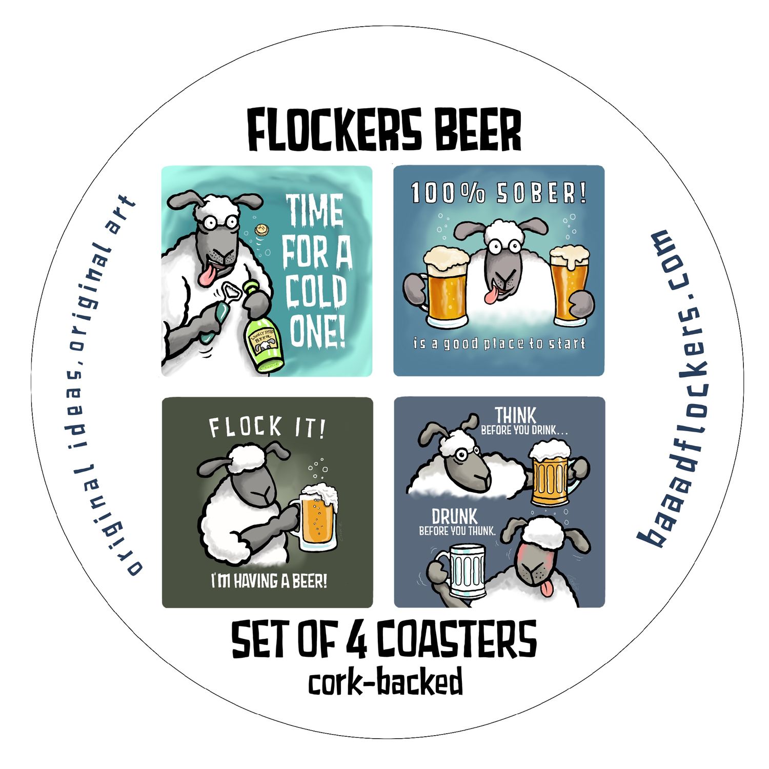 Flockers Beer Coaster Set | 4 Funny Beer &amp; Pub Coasters | Baaad Flockers®