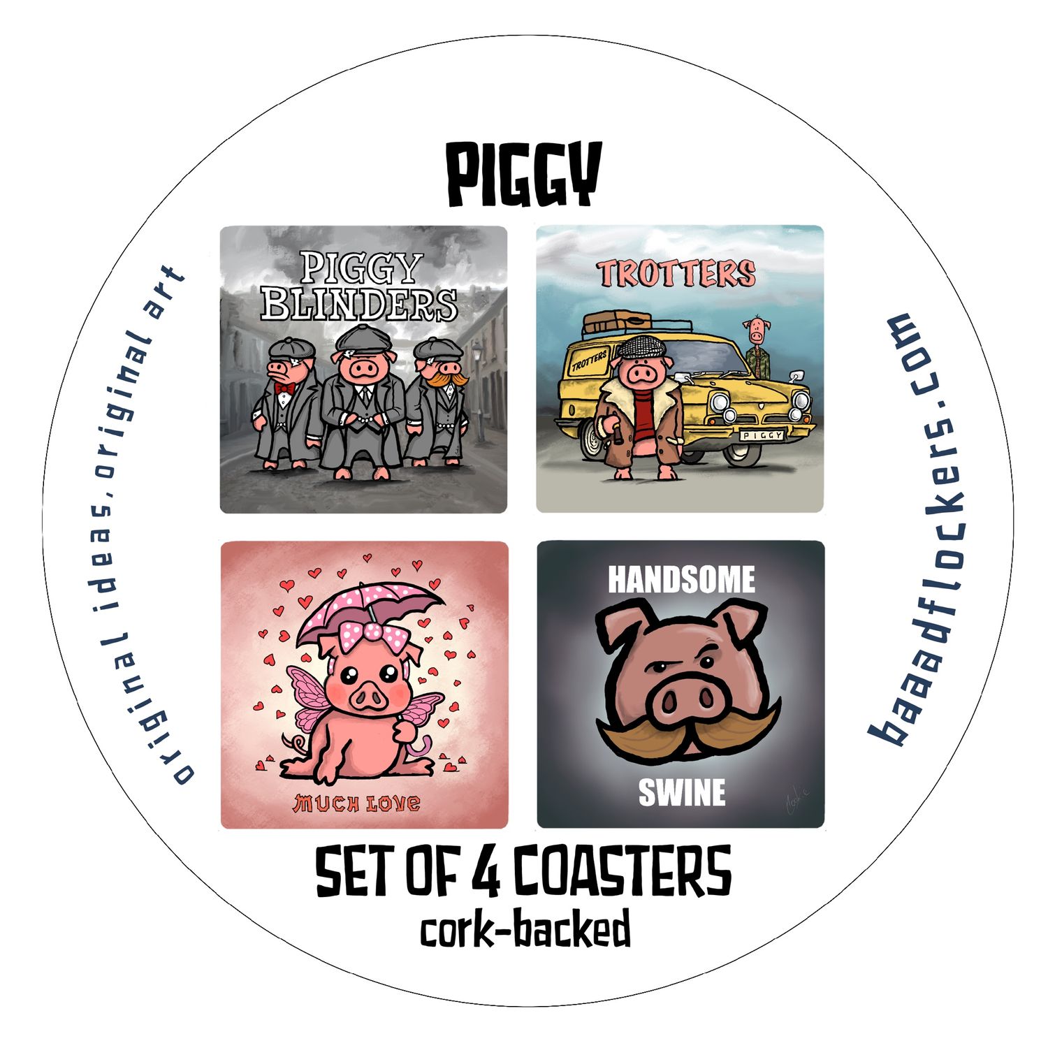 Piggy Coaster Set | 4 Funny Pig Coasters &amp; Pig Lover Gift | Baaad Flockers®