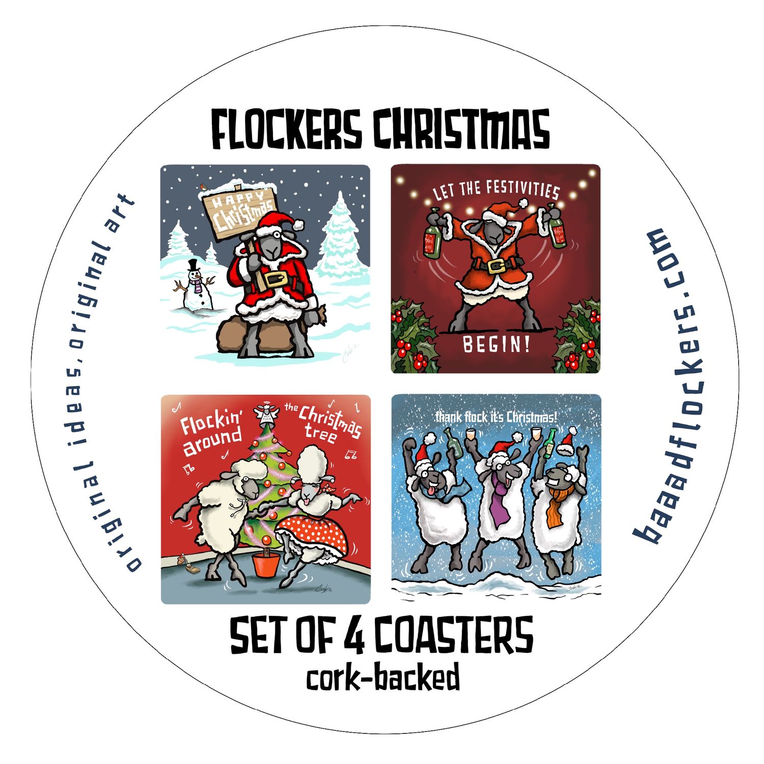 Christmas Coaster Set | 4 Funny Festive Coasters | Baaad Flockers®