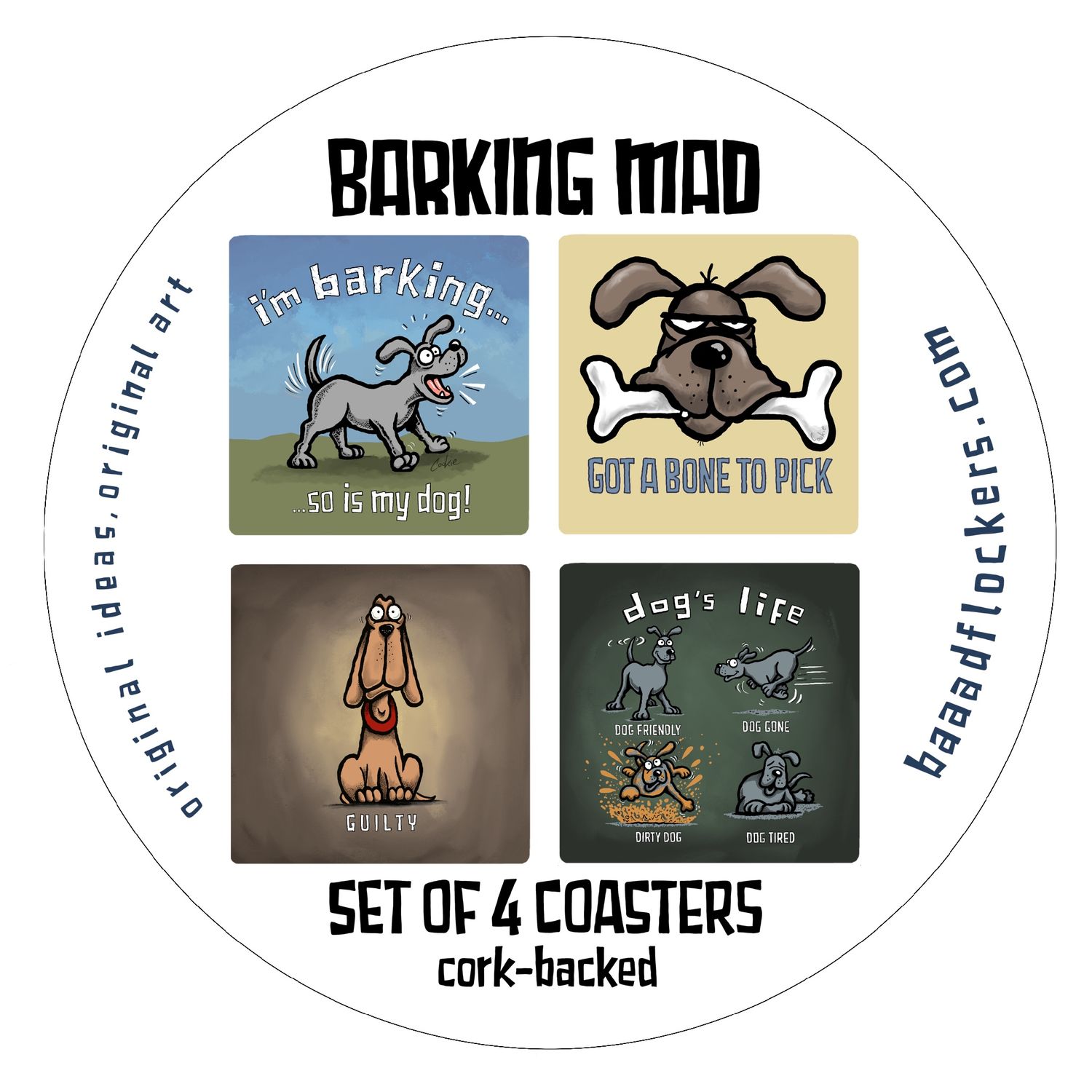 Barking Mad® Coaster Set | 4 Funny Dog Coasters in Gift Box | Baaad Flockers®