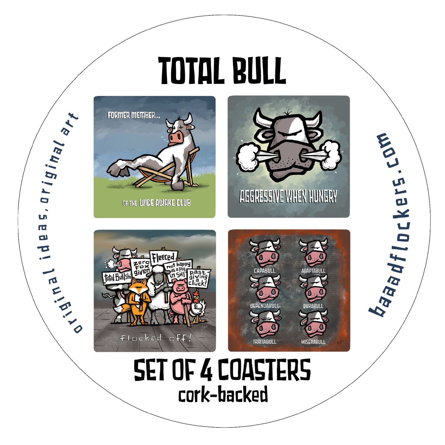 Total Bull® Coaster Set | Pack of 4 Funny Bull &amp; Farmer Coasters
