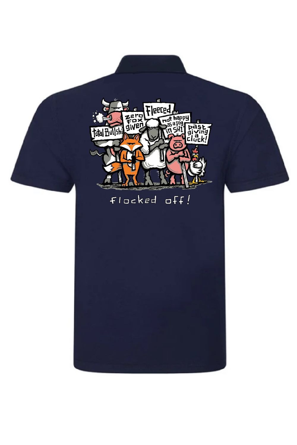Flocked Off! Polo Shirt | Funny British Humour Polo | Baaad Flockers®, Colour: Navy Blue, Size: XS