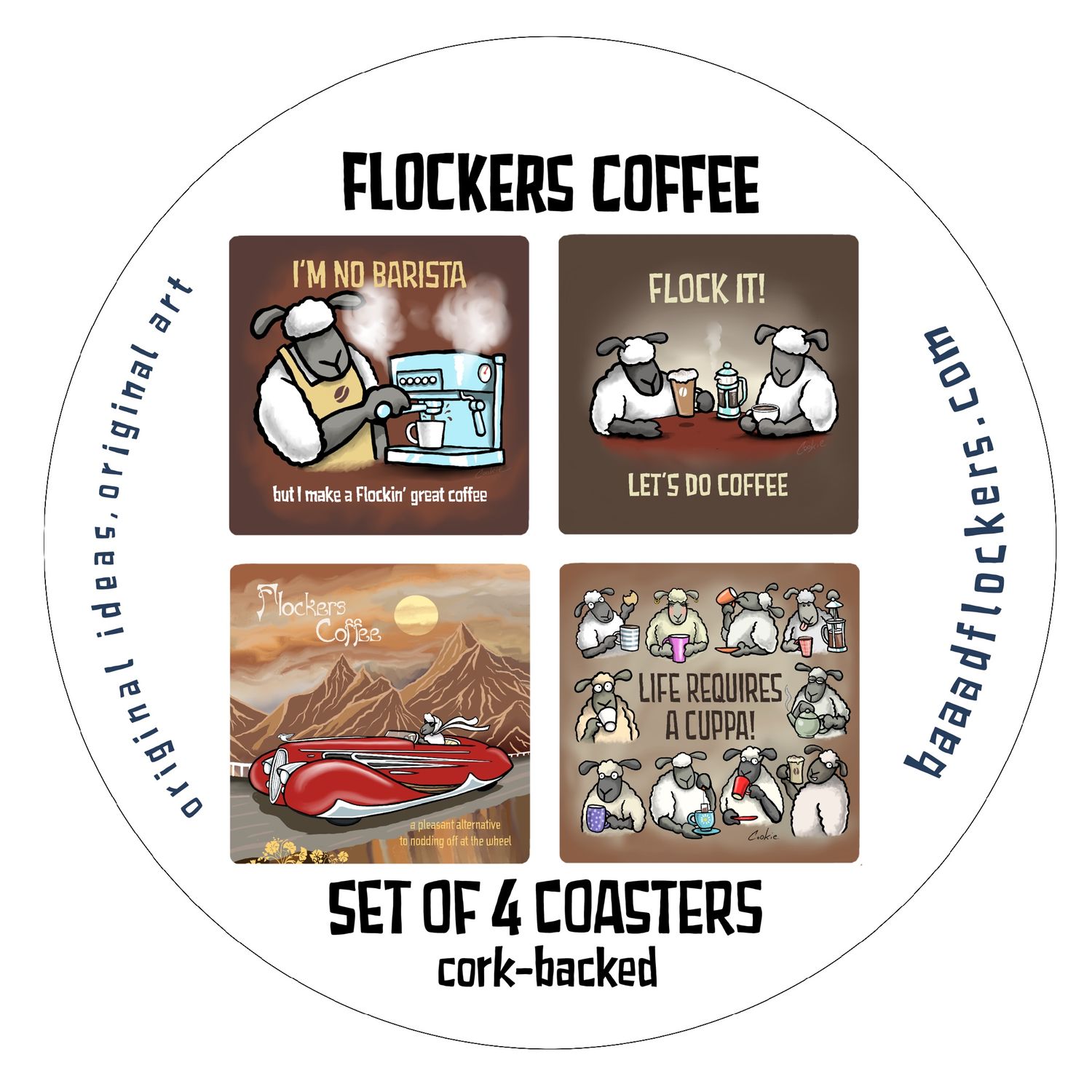 Flockers Coffee Coaster Gift Set | 4 Funny Coffee Coasters | Baaad Flockers®