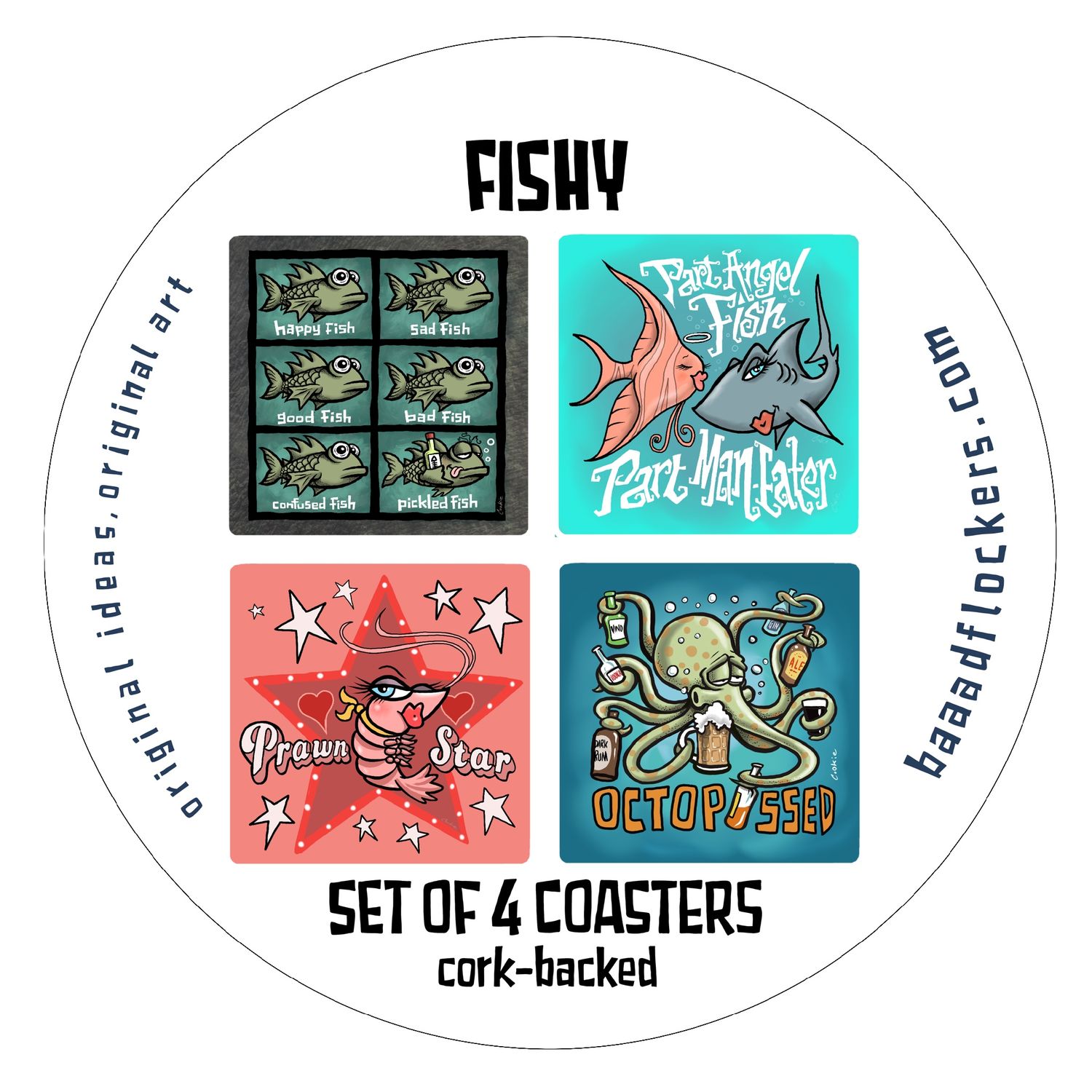 Fishy Funny Coaster Set | 4 Fishing &amp; Angler Coasters | Baaad Flockers®