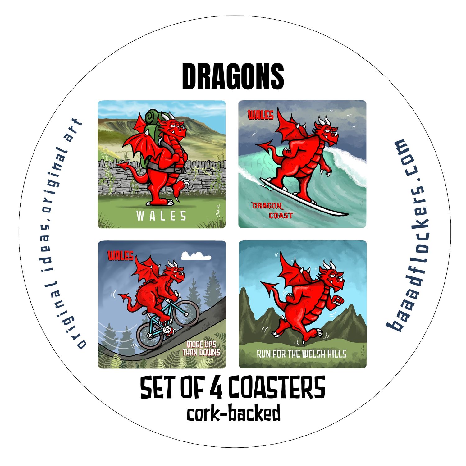 Red Dragon Coaster Set | 4 Funny Welsh Dragon Coasters | Baaad Flockers®