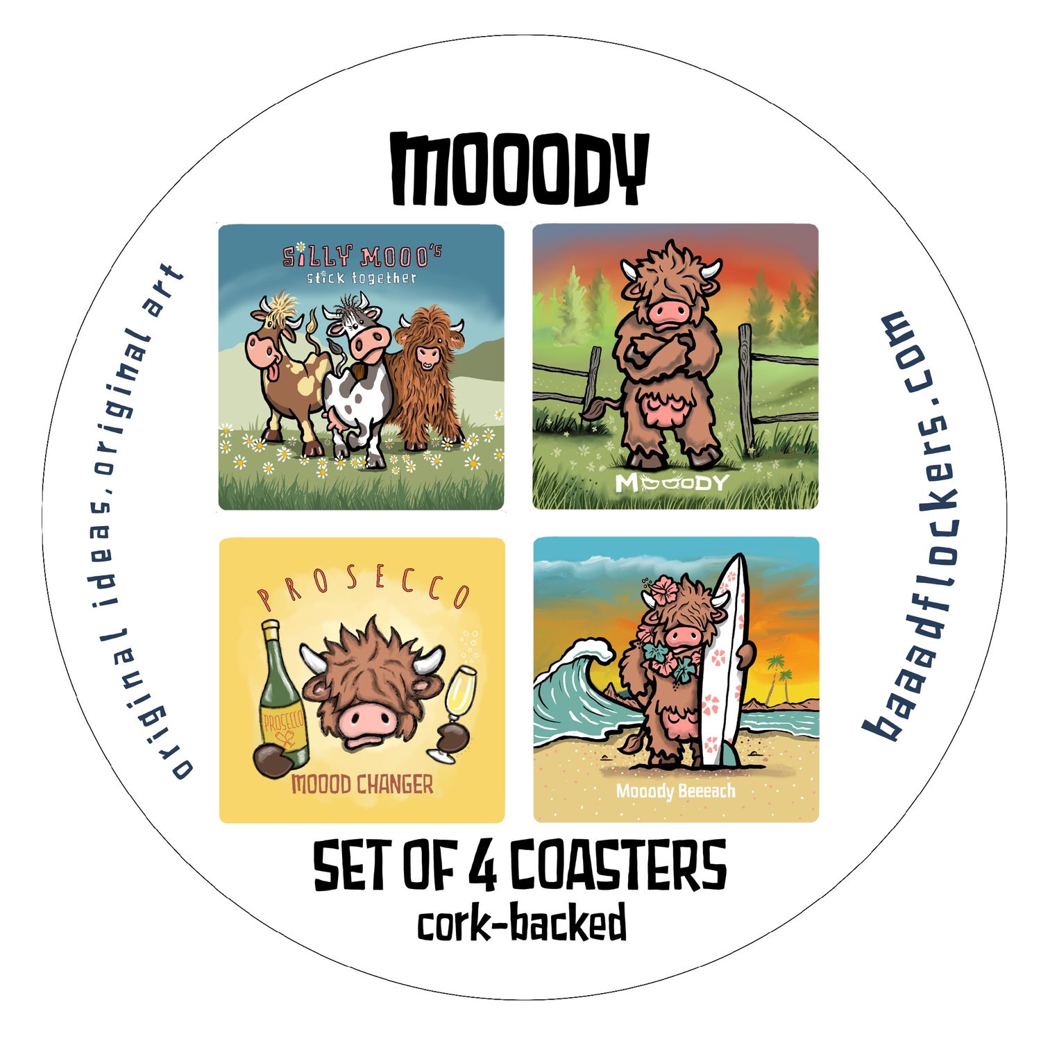 Mooody® Coasters | Funny Highland Cow Coaster Set of 4 | Baaad Flockers®